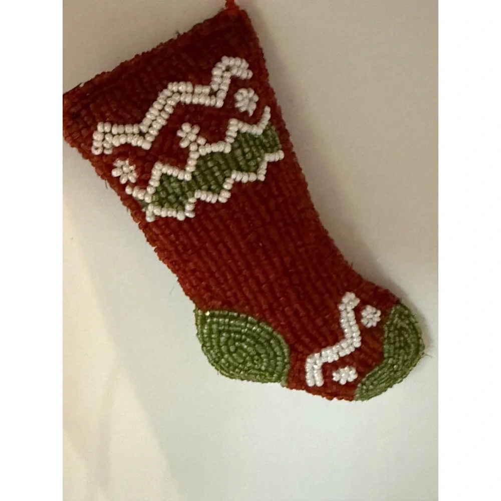 Vtg Beaded Christmas Stocking Ornament Red Green White Seed Bead Holiday Decor